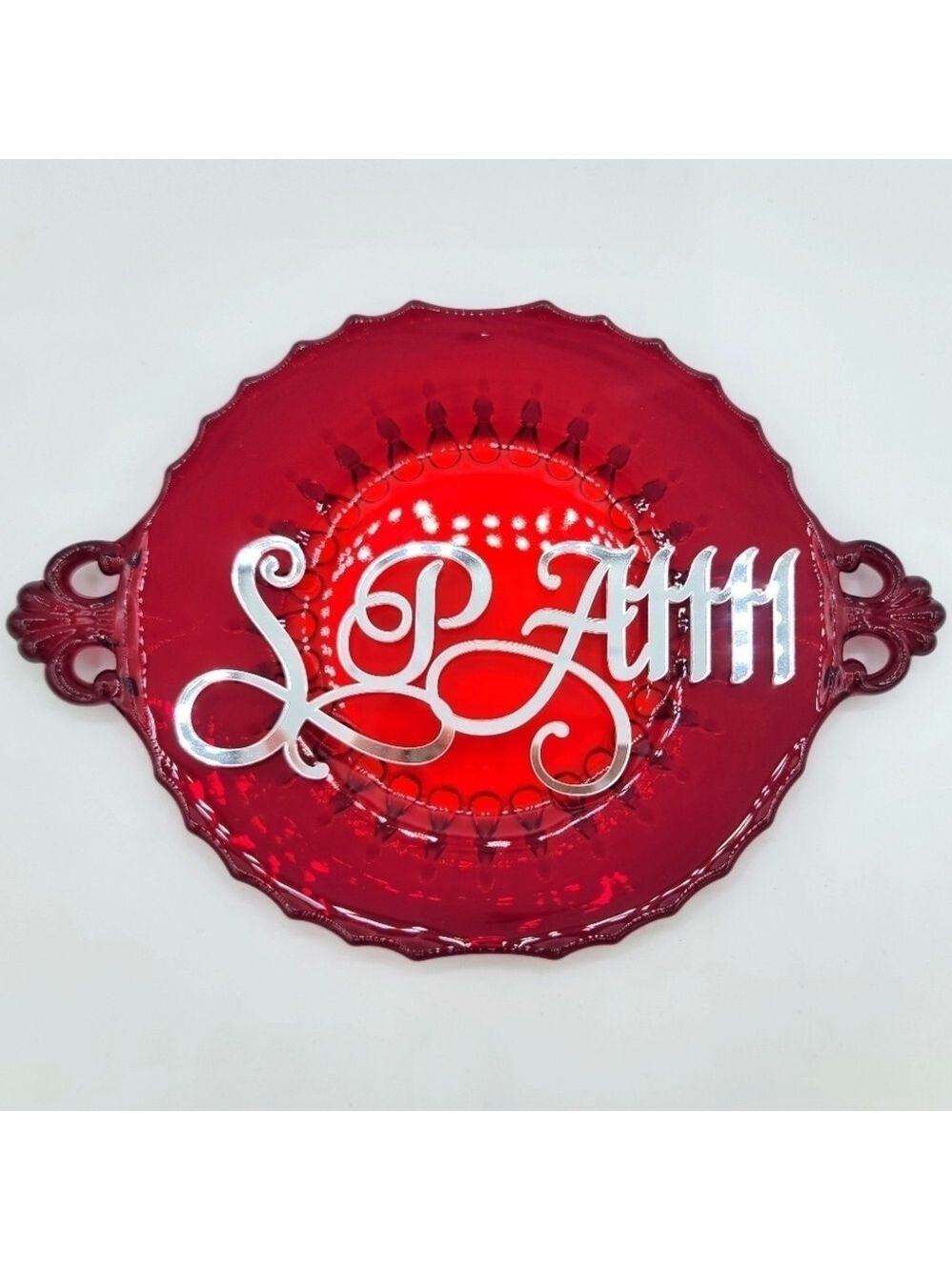 Vintage Red Glass Plate Footed Scalloped Dish #941